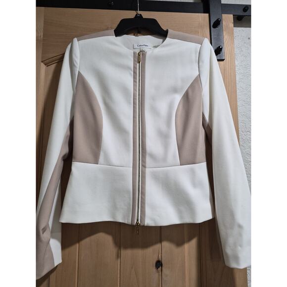 Calvin Klein Women's Blazer Jacketwhite with Beige Gold Zipper Size 2 New With T - Picture 2 of 5